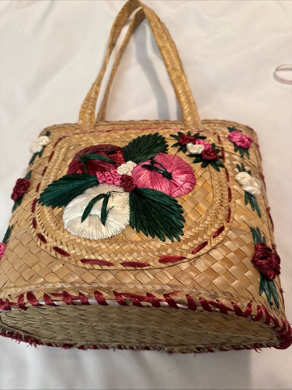 Straw Tote with Pink, Green & White Floral Embroidery - Picture 5 of 11
